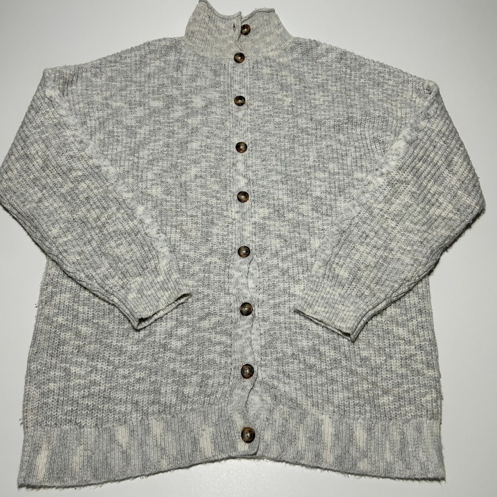 Abercrombie & Fitch Grey Marl Cable Knit Mock Neck Button Front Cardigan Large